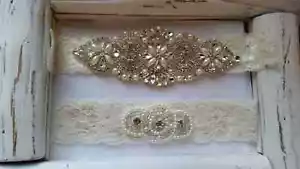 Wedding Garter Set, Bridal Garter Set, Crystal Garter Set - Ivory Lace - Picture 1 of 1