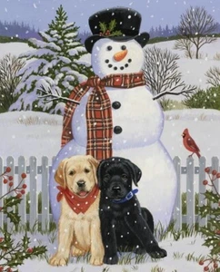 35" Fabric Panel - David Textiles Digital Christmas Snowman & Puppy Dog Friends - Picture 1 of 1