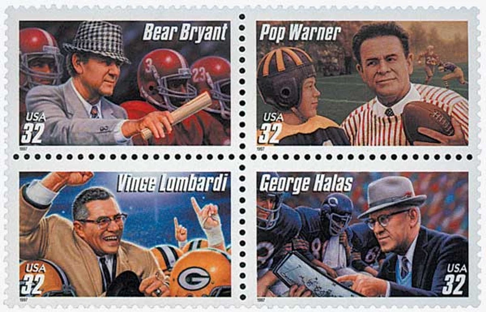 1997 FOOTBALL COACHES MNH 4 32¢ Stamps: #3143-46 Lombardi, Halas, Warner, Bryant - Image 1 of 1