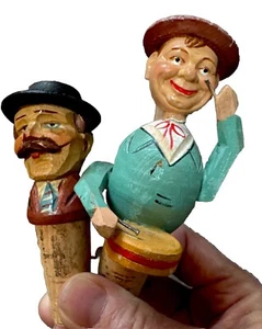 ANRI geschnitzte Holzflasche mechanische Korken Stopfen/Aufsätze (2) Italien Vintage Arbeit GC - Bild 1 von 12