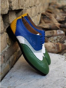 Scarpe eleganti da uomo fatte a mano in pelle multicolore Oxford Brogue punta alare formali uomo - Foto 1 di 14