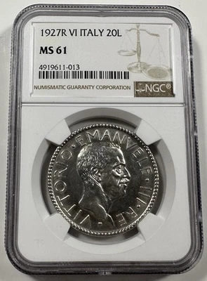 1927 R VI ITALY ~ 20 LIRE ~ NGC MS61   ~ VITTORIO EMANUELE~ SCARCE COIN! - Image 1 of 4