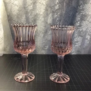 Vintage Candle Holders Pink Glass Tall Stem Pair - Picture 1 of 5
