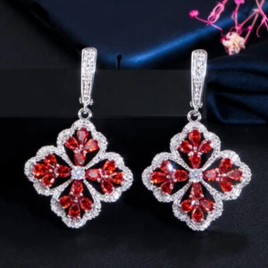 Silver Plated CZ Red Crystal Women Costume Long Flower Dangle Huggie Earrings - Picture 1 of 19