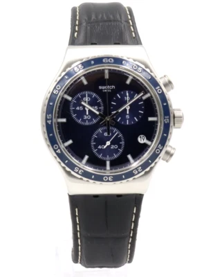 New Swiss Swatch New IRONY CHRONO COBALT LAGOON Leather Date Watch 44mm YVS496 - Image 1 of 4