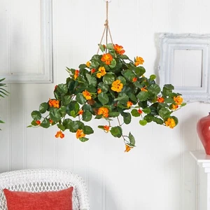 22” Nasturtium Artificial Faux Plant in Hanging Basket Home Decor. Retail $84 - Picture 1 of 6