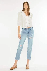 Pantalones de mezclilla Kancan tiro medio desgastados corte novio - Imagen 1 de 9