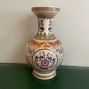 "Florero chino de porcelana esmaltada color flor/dragones/murciélagos patrón 10"" usado en excelente estado" - Imagen 1 de 13