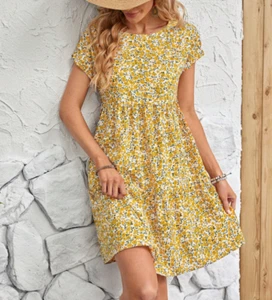 Women's Short Sleeve Floral Yellow Boho Floral Smock Dress Hippie Size 16 XL New - Picture 1 of 3