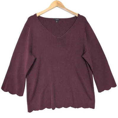 Top tejido Talbots para mujer 2X suéter borgoña cuello en V dobladillo festoneado carrera informal Foto 1 de 4