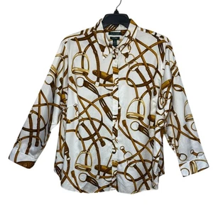 Ralph Lauren Damen Gr. 3X Reitsport Western Knopfleiste Bügelfrei Weiß Gold Top - Bild 1 von 6