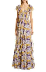 Flor et.al Valles Floral Ruffle 100% Silk Gown, Deep V-neck, Size 2, $895, NWT - Picture 1 of 6