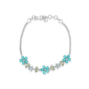 Floral Bracelet Turquoise Gemstone Peridot Blue Topaz Sterling Silver Jewelry 8" - Picture 1 of 2