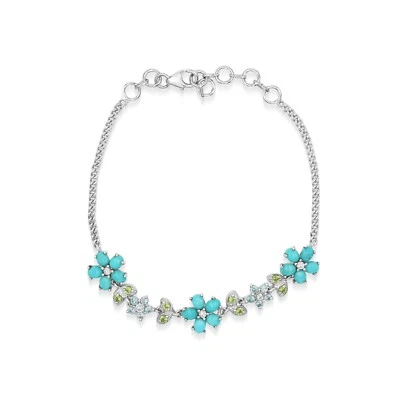 Floral Bracelet Turquoise Gemstone Peridot Blue Topaz Sterling Silver Jewelry 8" - Image 1 of 2
