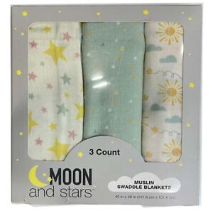 Moon and Stars Muslin Swaddle Blanket 3 Count 100% Cotton White Blue Yellow