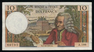 France - 10 Francs ERROR Banknote 7.10. 1965 - P-147a Voltaire (XF-AU) - Picture 1 of 3