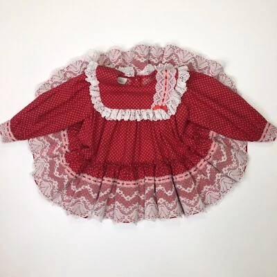 Vintage Mini World Red Calico Christmas Dress Size 12M Ruffle Lace Ribbon Trim - Image 1 of 4