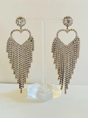 Heart Chunky Waterfall Earrings Rhinestone Pierced dangle Statement Rare Jeweled - Image 1 of 4