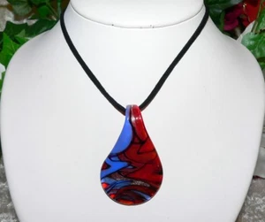 Lampwork Anhänger Glas Murano Art Tropfen rot blau schwarz silber 317j - Picture 1 of 6