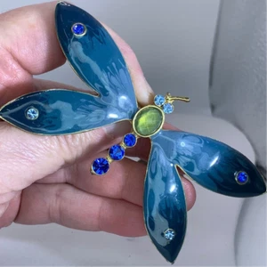 Dragonfly Butterfly Blue Enamel Rhinestones HUGE Vintage Gold Brooch Pin M-2934 - Picture 1 of 4