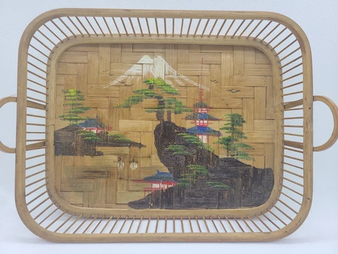 Mid Century Handpainted Asian Design Bamboo Woven Decorative Basket Vtg Japan Cover