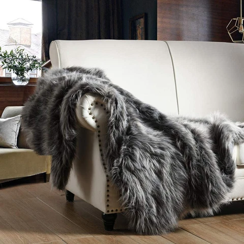 Luxury Faux Fur Throw Blanket, Grey and Black High Pile 50'' x 60'' Cover