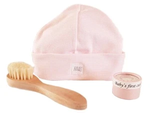 3 Pc BABY GIRL GIFT SET Hairbrush + First Curl Box + 100% Cotton Beanie Hat PINK - Picture 1 of 16
