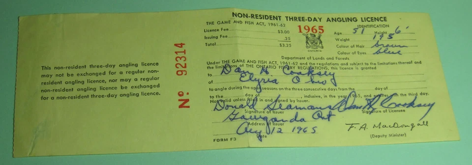 1964 Ontario Canada Non Resident 3 Day Angling Fishing License Permit - Image 1 of 1