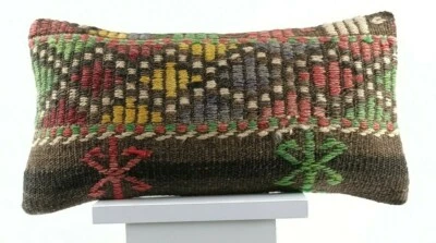 Kilim Pillow Cover 8x16 in Handmade Turkish Traditional Ottoman Boho Lumbar E726 - Image 1 of 4