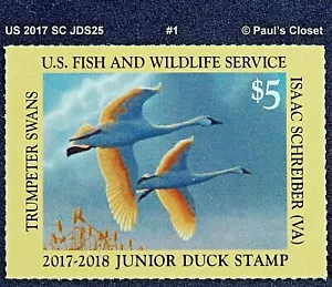 US - 2017 SC JDS25 TRUMPTER SWANS $5 JUNIOR DUCK STAMP STAMP MNH VF #1 - Picture 1 of 4
