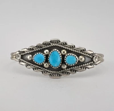 Vtg Navajo Sterling Silver Sleeping Beauty Turquoise Stamped Cuff Bracelet - Image 1 of 4
