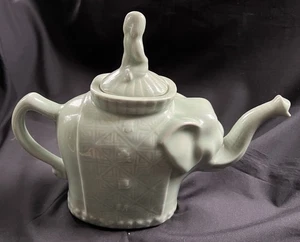 Vintage Celedon Elephant Teapot With Figure Riding On Lid - Picture 1 of 8