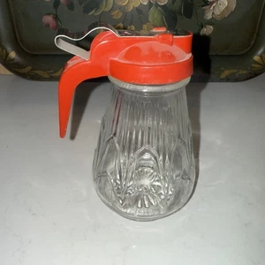vintage MEDCO glass syrup dispenser with a red/orange spring-action lid.  - Picture 1 of 7