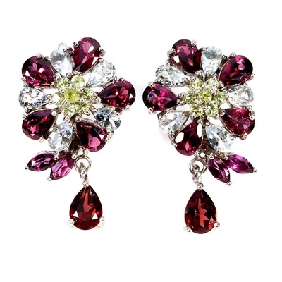 Orecchini In Argento Sterling 925 Con Gemme In Rodolite, Acquamarina E Peridoto - Immagine 1 di 4