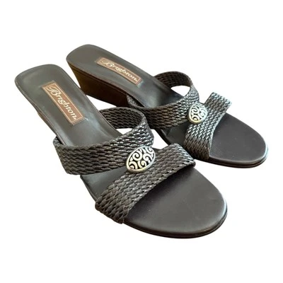 Sandalias Brighton Denise Tejidas Cuero Marrón Cuña Deslizables Talla 8 Anchas Imitación Lado Cocodrilo Foto 1 de 4