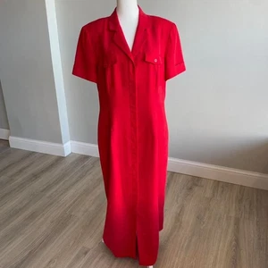 Vintage 100% Silk Red Long Maxi Shirt Dress 90's / 80's Old Money Mob Wife Retro - Picture 1 of 8