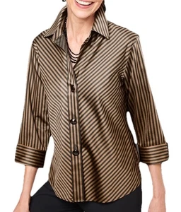 Foxcroft Wrinkle-Free Sateen Bias Stripe 3/4 Sleeve Shirt Camel/Black Size 12 - Picture 1 of 9