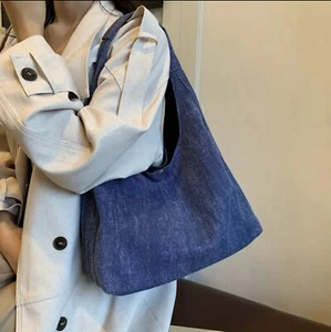 Dark Blue Durable Canvas Denim Look Shoulder Bag - Picture 1 of 7