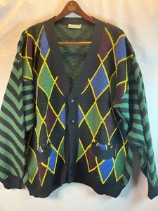 Lucien Foncel Cardigan Sweater Black And Green Argyle Size 61 Knit V-neck - Picture 1 of 16