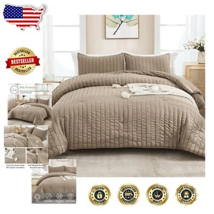 Super Soft Lightweight Taupe Seersucker King Comforter Set with Pillowcases - Picture 1 of 9