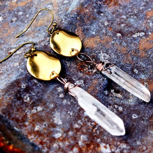 Natural Clear Quartz Crystal Earrings Triangle Geometry Celestial Jewelry Gift - Picture 1 of 13