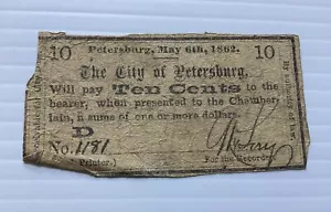 The City Of Petersburg, Ten Cents Banknote 1862, Civil War Era, Rare, 2 1/2" L - Picture 1 of 4