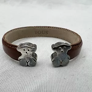BRACCIALE VINTAGE STERLING TOUS DOPPIO ORSACCHIOTTO FIGURATIVO MARRONE PELLE POLSINO FLESSIBILE - Foto 1 di 8