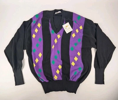 Suéter vintage Clark & Gregory para hombre Med. Cuello en V Algodón Púrpura/Bla.Golf Nuevo con Etiquetas Nuevo de Lote Antiguo Foto 1 de 4