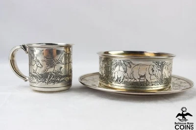 Antiguo juego de 3 piezas para bebé Reed & Barton Art Deco Safari de plata esterlina (¡RARO!) Foto 1 de 4