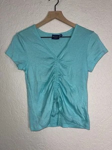 Vintage Y2K Sideout V Neck Rouched Shirt Baby Blue Metallic Girls Size XL - Picture 1 of 6