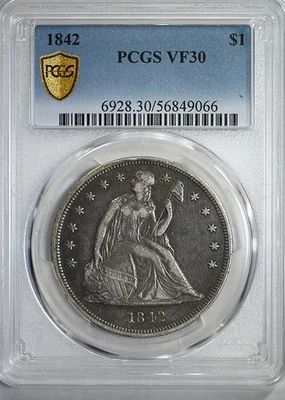 Dólar Liberty Seated 1842 $1 graduación profesional VF30 Foto 1 de 4