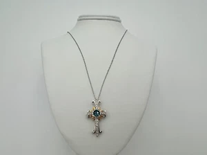 Sterling Silver 925 Cross Pendant Necklace 18" Italy Gold Tone CZ Green Stone - Picture 1 of 8