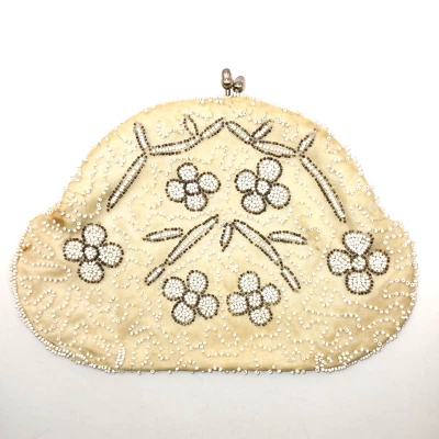 Vtg  Bags by Dormar Off- White Beaded Clutch Evening Bag Flowers Kiss Lock TLC - Image 1 of 4