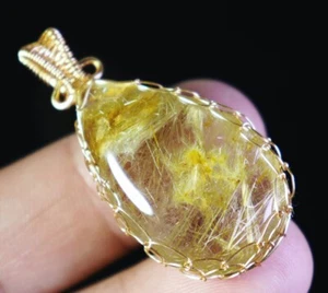 Natural Clear Golden Sun Rutilated Titanium Quartz Crystal Stone Pendant Healing - Picture 1 of 15